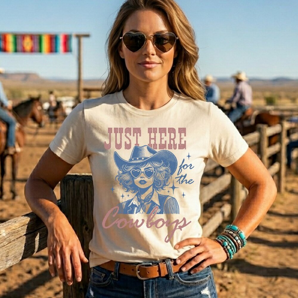 Retro Cowgirl Just Here For The Cowboys Graphic Tee Western Nashville Rodeo Boho